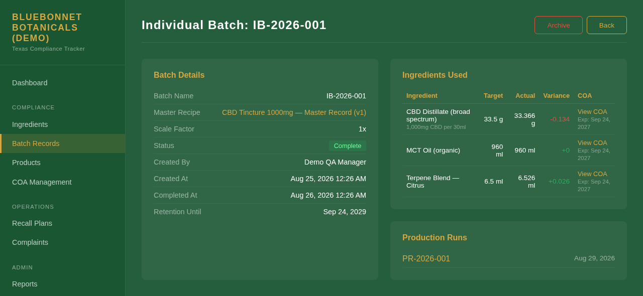 Screenshot of an individual batch page in the TCT portal. Batch details on the left: batch IB-2026-001, a link to its master recipe, scale 1x, status Complete, created and completed dates, retention until 2029. On the right, Ingredients Used: CBD distillate, MCT oil, and a terpene blend, each with target weight, actual weight, variance, and a View COA link with its expiration date. Below, the production runs made from this batch.