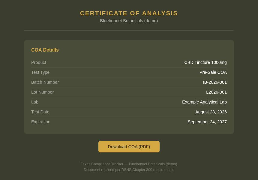 Screenshot of a public Certificate of Analysis page: the company name, then product, test type Pre-Sale COA, batch number, lot number, lab, test date, and expiration, with a Download COA PDF button and a note that the document is retained per DSHS Chapter 300.